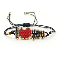Glass Seed Beaded Word I Love You Link Bracelet, Braided Adjustable Bracelet, Red, No Size(KD9593)