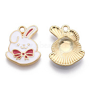 Eco-Friendly Zinc Alloy Pendants, with Enamel, Cadmium Free & Nickel Free & Lead Free, Rabbit with Bowknot, Light Gold, Pale Violet Red, 20x15x2.5mm, Hole: 2mm(X-FIND-N048-57A-NR)