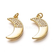 Brass Micro Pave Clear Cubic Zirconia Pendants, Long-Lasting Plated, with Jump Rings, Moon, Real 18K Gold Plated, 18x11x2mm, Jump Ring: 4x1mm, 2mm Inner Diameter(ZIRC-B002-21G)