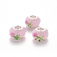 Handmade Lampwork European Beads, Large Hole Rondelle Beads, Rondelle with Flower, Bumpy Lampwork, with Platinum Tone Brass Double Cores, Pink, 14~15x9~10mm, Hole: 5mm(LPDL-N001-043)
