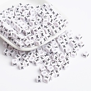 Acrylic Horizontal Hole Letter Beads, Cube, White, Letter X, Size: about 6mm wide, 6mm long, 6mm high, hole: about 3.2mm, about 2600pcs/500g(PL37C9308-X)