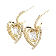 Heart Brass Micro Pave Cubic Zirconia Stud Earrings, Half Hoop Earrings, Long-Lasting Plated, Golden, 29x13mm(EJEW-D013-17G)