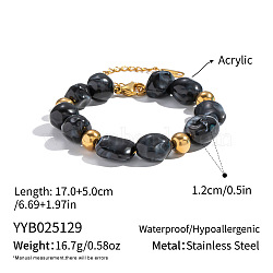 Vintage Stainless Steel & Black Acrylic Nuggets Beaded Bracelets for Women, Golden, 6-3/4 inch(17cm)(BF0589-3)