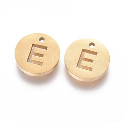 304 Stainless Steel Charms, Ion Plating (IP), Flat Round, Letter.E, 10x1.5mm, Hole: 1mm(STAS-F227-11E-G)