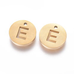 304 Stainless Steel Charms, Ion Plating (IP), Flat Round, Letter E, 10x1~1.5mm, Hole: 1mm(STAS-F227-11E-G)