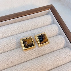 Brass Tiger Eye Stud Earrings, Real 18K Gold Plated, Flat Round, 15x15x20mm(EJEW-B120-05G-07)