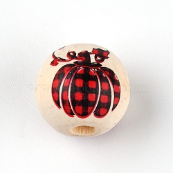Natural Wood Beads, Round with Pumpkin Plaid Patten, Red, 15~16mm, Hole: 4mm(WOOD-TAC0007-44C)