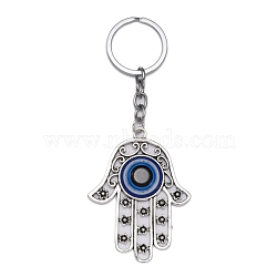 Alloy Pendant Keychains, with Evil Eye Handmade Lampwork Beads and Iron Key Rings, Hamsa Hand, Antique Silver & Platinum, 12.3cm(KEYC-WH0027-51)