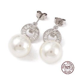 Cubic Zirconia Ring with Shell Pearl Dangle Stud Earrings, Rhodium Plated 925 Sterling Silver Earrings for Women, Platinum, 25x12mm(EJEW-F318-06P)