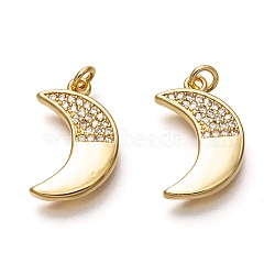 Brass Micro Pave Clear Cubic Zirconia Pendants, Long-Lasting Plated, with Jump Rings, Moon, Real 18K Gold Plated, 18x11x2mm, Jump Ring: 4x1mm, 2mm Inner Diameter(ZIRC-B002-21G)