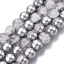 Electroplated Crackle Glass Beads Strands, Half Plated, Round, Silver, 10~10.5mm, Hole: 1.2mm, about 41~42pcs/strand, 14.76~14.96 inch(37.5~38cm)(EGLA-N014-10mm-03)