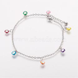 304 Stainless Steel Charm Anklets, with Enamel Charms, Evil Eye, Platinum, Colorful, 10-3/8 inch(263mm), 2mm(AJEW-E032-03A)