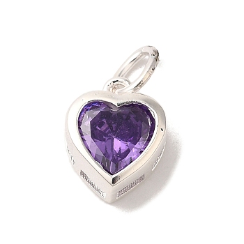 925 Sterling Silver Cubic Zirconia Heart Charms with Jump Rings, Silver Color Plated, Purple, 9.5x7.5x3.5mm, Hole: 3mm