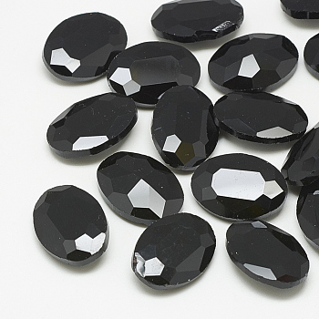 Pointed Back Glass Rhinestone Cabochons, Faceted, Oval, Jet, 14x10x4.5mm