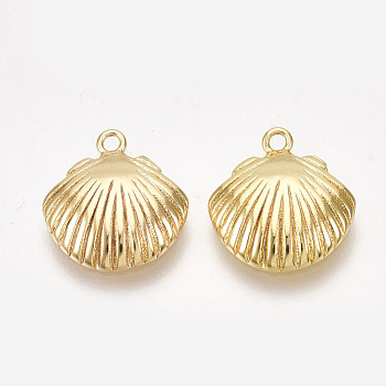 Brass Charms, Shell, Nickel Free, Real 18K Gold Plated, 13x11.5x2.5mm, Hole: 1.2mm