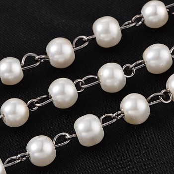 Handmade Glass Pearl Beaded Chains for Necklaces Bracelets Making, with Gunmetal Tone Brass Eye Pin, Unwelded, Creamy White, 39.3 inch, about 90pcs/strand