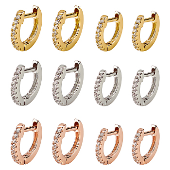 12Pcs 6 Styles Brass Micro Pave Clear Cubic Zirconia Hoop Earrings, with Titanium Steel Pins, Mixed Color, 9~10.5x10~11.5x1.5mm, 2Pcs/style