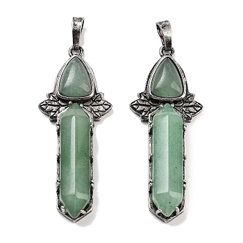 Natural Green Aventurine Sword Big Pendants, Rack Plating Antique Silver Plated Brass Charms, Cadmium Free & Lead Free, 51x20x9mm, Hole: 6.5x5mm