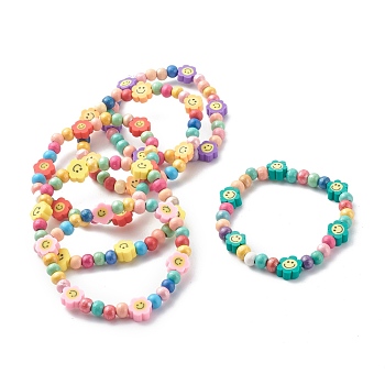 Round Natural Wood Beads Stretch Bracelets, Handmade Polymer Clay Beads, Flower with Smiling Face, Mixed Color, Inner Diameter: 2 inch(5.2cm)