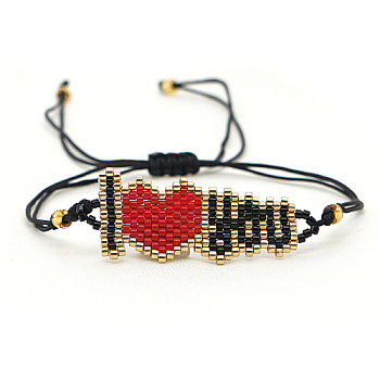Glass Seed Beaded Word I Love You Link Bracelet, Braided Adjustable Bracelet, Red, No Size
