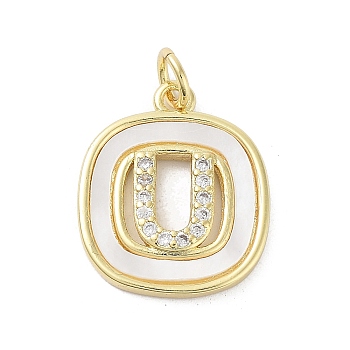 Rack Plating Brass Micro Pave Clear Cubic Zirconia Pendants, with Shell, Cadmium Free & Lead Free, Long-Lasting Plated, Real 18K Gold Plated, with Jump Ring, Letter U, 17.5x15x2.5mm, Hole: 3mm