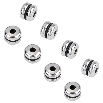 Stainless Steel Spacer Beads, with Black Silicone, Flat Round, Stainless Steel Color, 8x6mm, Hole: 3mm, 30pcs/box