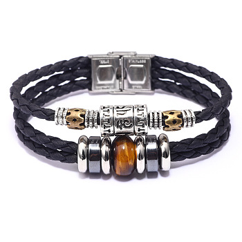 Leather Multi-strand Bracelets, with Tiger Eye, Synthetic Hematite, Alloy Findings and Stainless Steel Clasps, 8-1/8 inch(20.5cm), 13mm