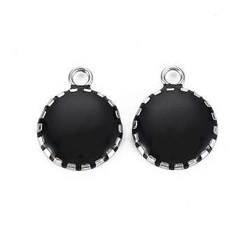 304 Stainless Steel Enamel Charms, Stainless Steel Color, Flat Round, Black, 13.5x10.5x3mm, Hole: 1.6mm