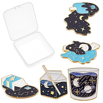 5Pcs 5 Styles Alloy Enamel Brooches, Enamel Pin, with Butterfly Clutches, Golden, Mixed Shapes, Mixed Color, 1pc/style
