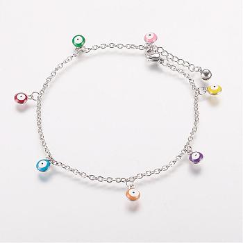304 Stainless Steel Charm Anklets, with Enamel Charms, Evil Eye, Platinum, Colorful, 10-3/8 inch(263mm), 2mm