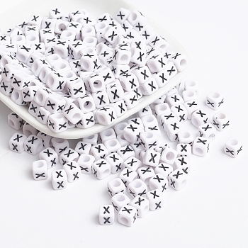 Acrylic Horizontal Hole Letter Beads, Cube, White, Letter X, Size: about 6mm wide, 6mm long, 6mm high, hole: about 3.2mm, about 2600pcs/500g