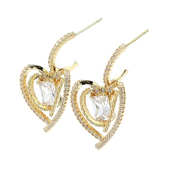 Heart Brass Micro Pave Cubic Zirconia Stud Earrings, Half Hoop Earrings, Long-Lasting Plated, Golden, 29x13mm