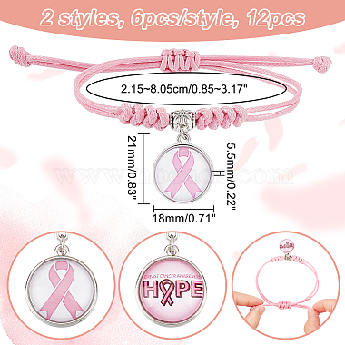 12Pcs 2 Style Breast Cancer Awareness Glass Charms Braided Bead Bracelet(BJEW-NB0001-08)-2