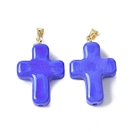 Handmade Lampwork with Brass Pendants, Cross, Royal Blue, 29.5x19.5x7.5mm, Hole: 3.5x4.5mm(LAMP-I030-01G-06)