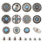 11 Style Flat Round Alloy Enamel Coin Screwback Rivets, with Plastic Imitation Turquoise, for Clothes Bag Shoes Leather Craft, Antique Silver, 20~30mm(FIND-TA0003-97)