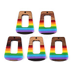 Opaque Resin & Walnut Hollow Pendants, Rainbow Color Charms, Colorful, Trapezoid, 37.5x27.5x3.5mm, Hole: 2mm(RESI-TAC0026-05T)