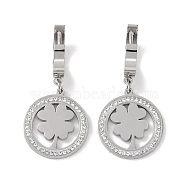 304 Stainless Steel Rhinestone Dangle Earrings, Flat Round with Clover Hoop Earrings for Women, Stainless Steel Color, 36x17mm(EJEW-L283-045P)