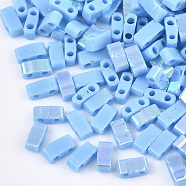 Electroplate Opaque Glass Seed Beads, 2-Hole, Rectangle, Light Sky Blue, 4.5~5.5x2x2~2.5mm, Hole: 0.5~0.8mm(SEED-S023-18B-03A)