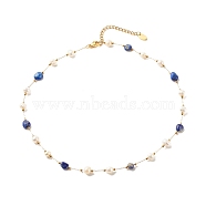 Natural Lapis Lazuli & Pearl Beaded Necklace, Gold Plated Stainless Steel Jewelry for Women, 15.98~16.14 inch(40.6~41cm)(NJEW-JN03894-05)