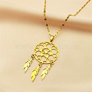 Woven Net/Web with Feather 304 Stainless Steel Pendant Necklaces for Women, Golden, 15.98 inch(40.6cm)(NJEW-G087-07G)