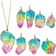 8Pcs Raw Rough Natural Quartz Crystal Big Pendants, with Light Gold Copper Wire Wrapped, Dyed, Nuggets, Colorful, 55~65x22~30mm, Hole: 4mm(G-BC0001-44)
