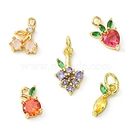 10Pcs 5 Styles Brass Charms, with Medium Violet Red Cubic Zirconia, Strawberry & Apple & Cherry & Lemon & Grape, Real 18K Gold Plated, 11~12x5~8x3mm, Hole: 1.2mm, 2pcs/style(KK-CJ0001-73)