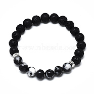 Natural Black Agate Beads Stretch Bracelets, with Synthetic Lava Rock Beads and Alloy Beads, Round, Inner Diameter: 2-1/8 inch(5.5cm), Beads: 8.5mm(BJEW-R309-02-A08)