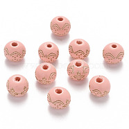 Painted Natural Wood Beads, Laser Engraved Pattern, Round with Flower Pattern, Pink, 10x9mm, Hole: 3mm(WOOD-N006-03A-08)