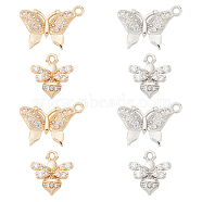 8Pcs 4 Style Brass Micro Pave Clear Cubic Zirconia Pendants, Cadmium Free & Lead Free, Butterfly & Bee, Real Gold Plated & Real Platinum Plated, 11.5~16x10~13x2.5~3mm, Hole: 1.2mm, 2pcs/style(KK-DC0001-10)