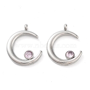304 Stainless Steel Pendants, with Rhinestone, Stainless Steel Color, Double Horn/Crescent Moon Charm, Light Rose, 18x15x2.5mm, Hole: 1.8mm(STAS-L022-380G-02)