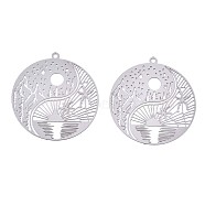 201 Stainless Steel Filigree Pendants, Etched Metal Embellishments, Flat Round with Landscape Pattern, Stainless Steel Color, 32x30x0.3mm, Hole: 1.5mm(STAS-S118-025P)