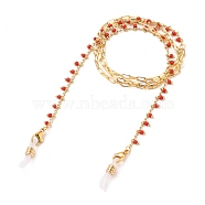 Eyeglasses Chains, Neck Strap for Eyeglasses, with Glass Beads, Brass Paperclip Chains, 304 Stainless Steel Lobster Claw Clasps and Rubber Loop Ends, Real 18K Gold Plated, Red, 27.56 inch(70cm)(AJEW-EH00294-03)