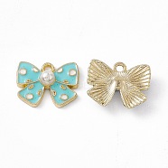 Alloy Enamel Pendants, with ABS Plastic Imitation Pearl Beads, Light Gold, Bowknot Charm, Dark Turquoise, 12.5x16.5x5mm, Hole: 1.6mm(PALLOY-P287-05LG-01)