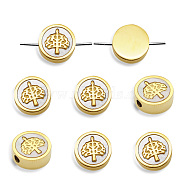 Vacuum Plating 201 Stainless Steel Beads, with Shell, Flat Round with Tree, Golden, 10x3mm, Hole: 2mm(STAS-Q243-LM233)